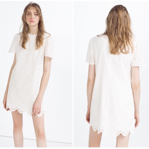 Zara Dresses & Skirts - Zara white eyelet shift scalloped dress Small